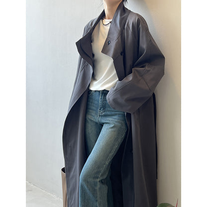 Long Section With A Stand Collar Trench Coat Women's Single-breasted Baggy Coat