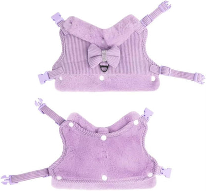 Cute Warm Small Dog Harness And Leash Set With Bow Tie, Soft Padded Puppy Harness With Removable Fur Collar, Adjustable Girl Dog Harness With Quick Release Buckles