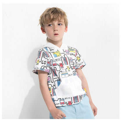 The Hooded Graphic: Cartoon Print Hooded Short-Sleeve T-Shirt