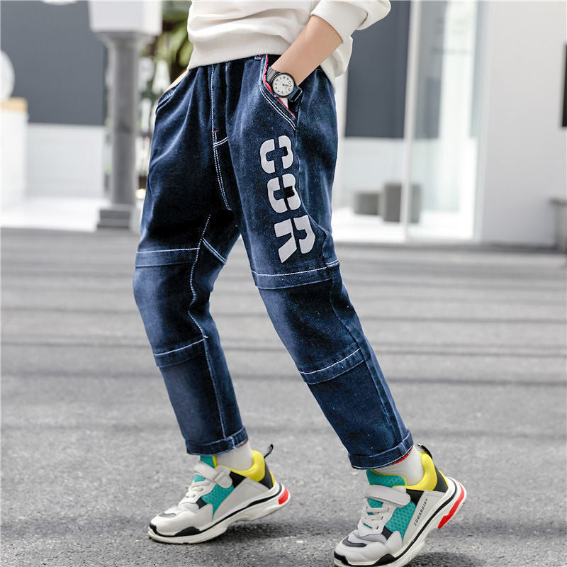 Boys Jeans Autumn Winter New One-Piece Velvet Plush Comfort