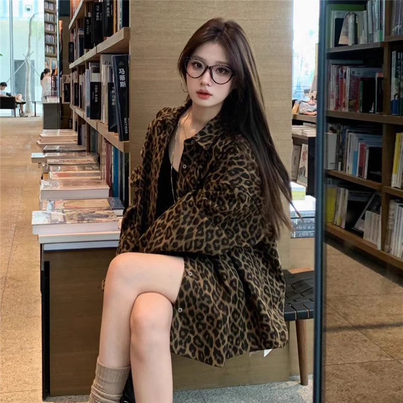 American Leopard Print Polo Collar Shirt Coat Women