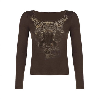 Printed Round Neck Long Sleeve Knitted Long Sleeve T-shirt