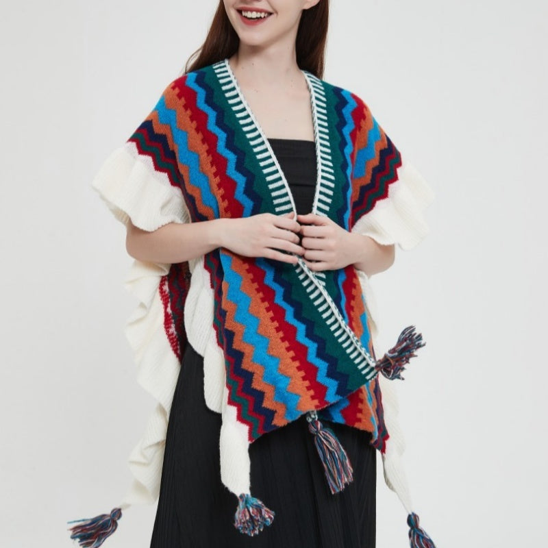 European And American Spring Autumn And Winter Ladies Travel Ethnic Style Ruffled Knitted Shawl