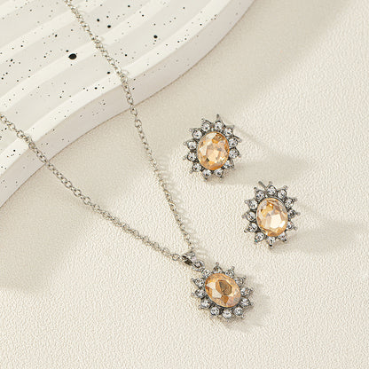European And American Fashion SUNFLOWER Zircon Ear Stud Necklace Suit