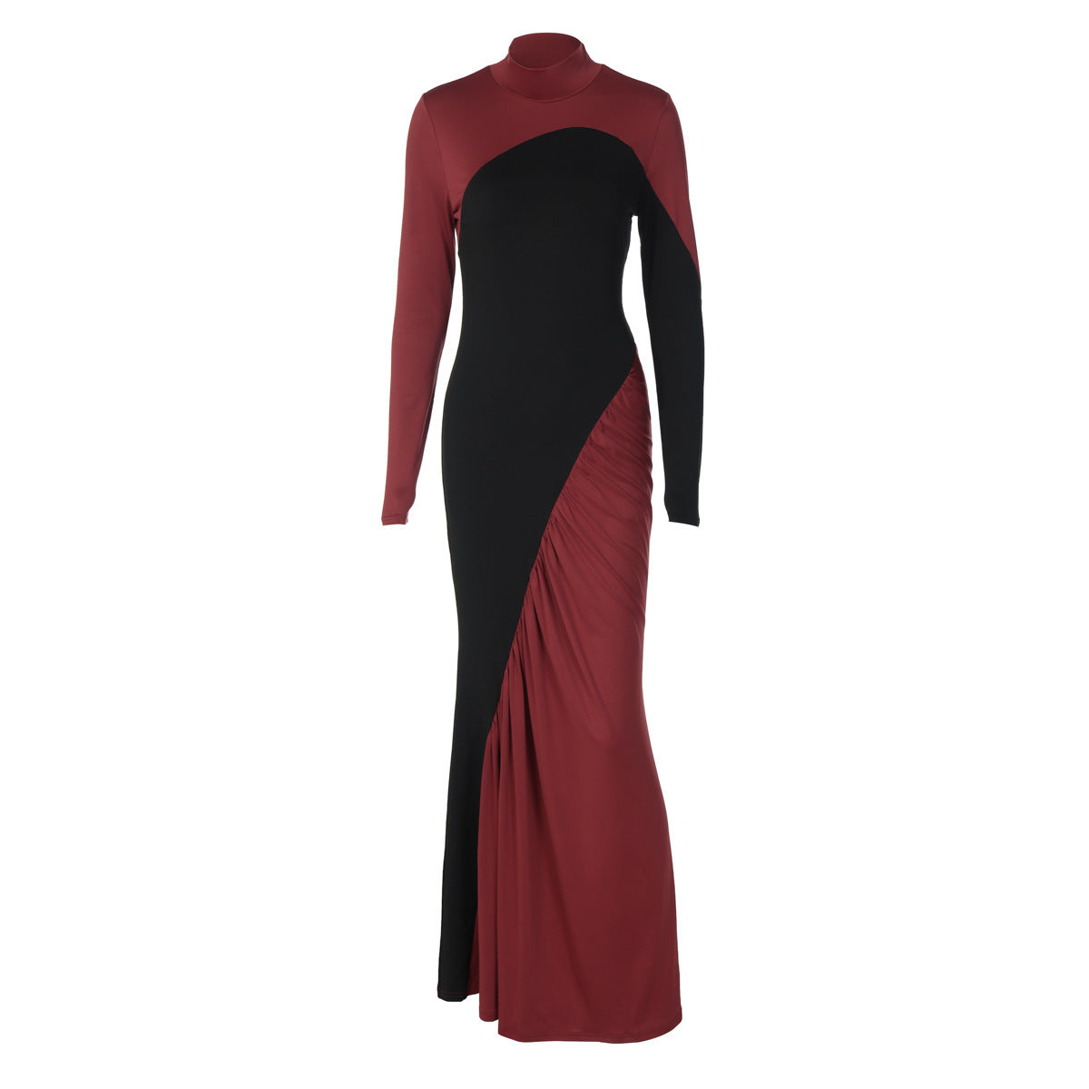 Fashionable Slim-fit Turtleneck Design Long Sleeve Contrasting-color Dress