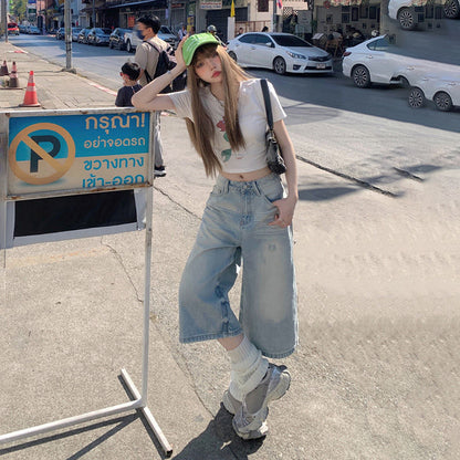 Women's Washed Light-colored Loose Wide-leg Cropped Denim Shorts