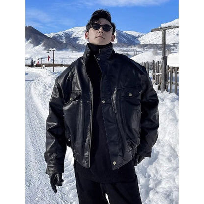 Jacket Leather Coat Autumn Winter Mens Trendy Handsome Fleece Thickened Pilot Motorcycle Plus Size Rugged Adventure