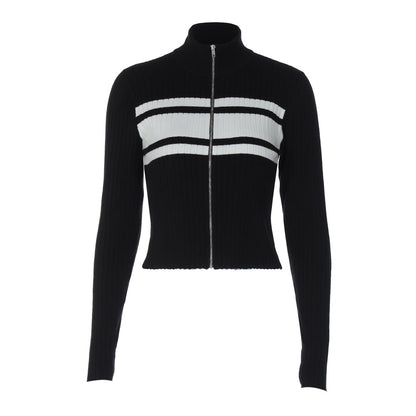 Contrast Zip Cardigan Tops Slim Long Sleeve Sweater