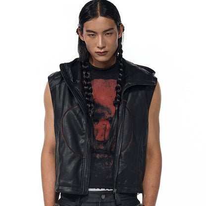 Short Hood Slim Fit Leather Waistcoat Coat Mens Summer Five-Pointed Star PU Edgy Playful