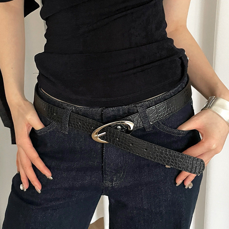 Fashion Lychee Pattern Belt Women's Oval Buckle Red High-grade All-matching