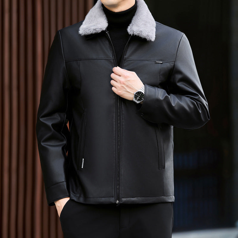Leather Down Jacket Mens Autumn Winter Thickened Middle-Age Elegance
