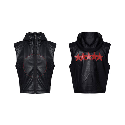 Short Hood Slim Fit Leather Waistcoat Coat Mens Summer Five-Pointed Star PU Edgy Playful