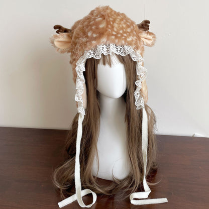 Plush Simulation Cute Lace Elk Thickened Hat Women