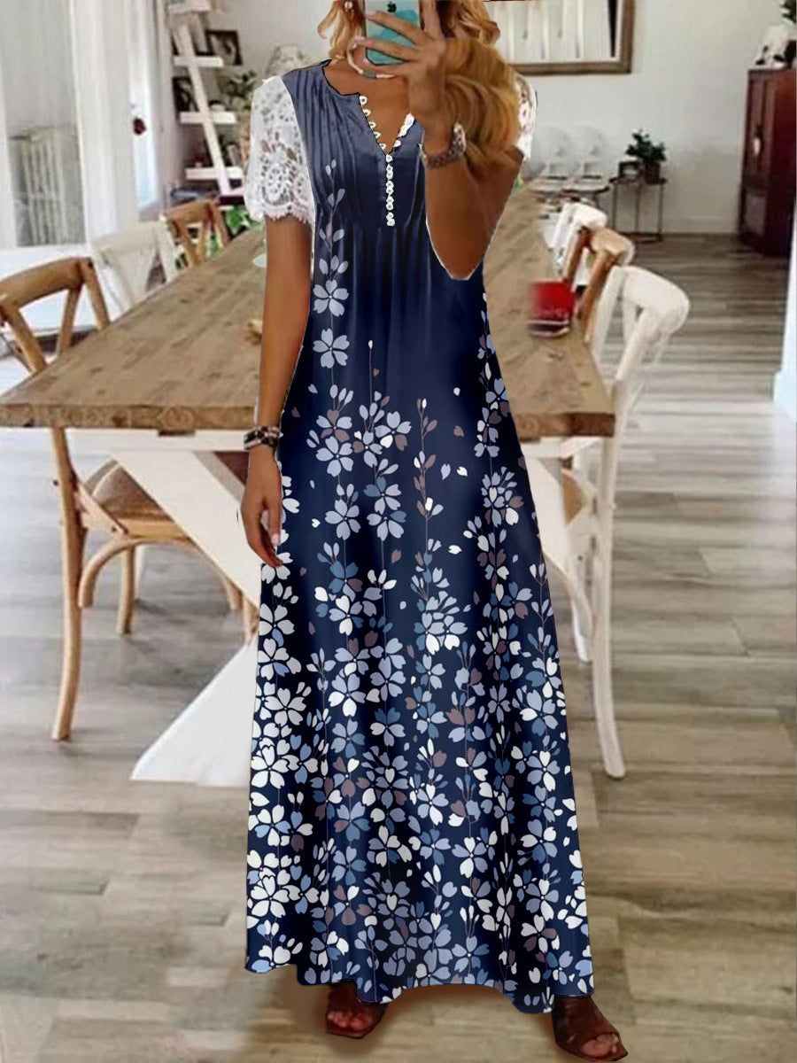 Printed Lace Sleeve Short Sleeve Dress