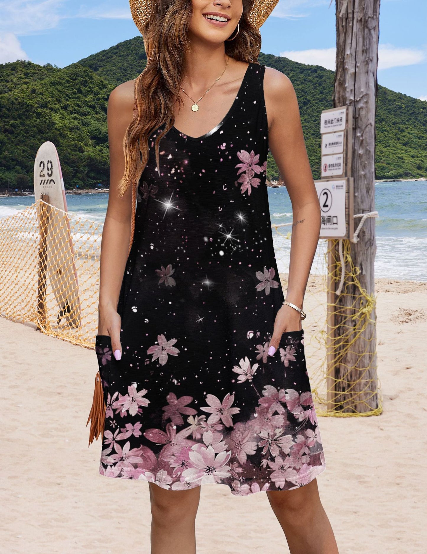 Single-sided Printed Pocket Vest Sleeveless Dress