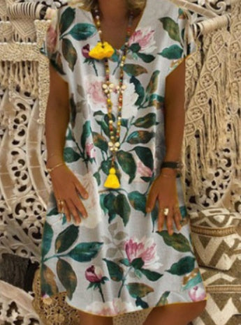 Ladies fashion printed V-neck short sleeve dress