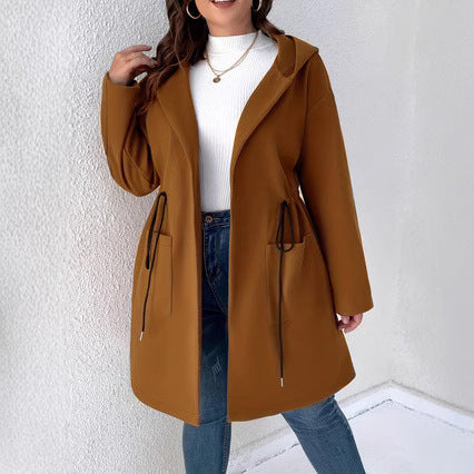 Solid Color Drawstring Pocket Elegant Coat