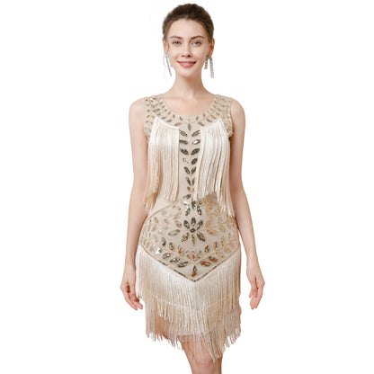 Retro Dance Sequined Vest Round Neck Pearl Embroidery Tassel Dress