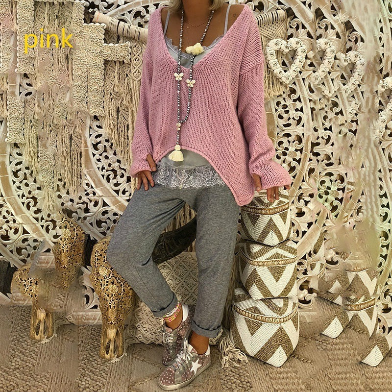 V-neck Loose Knitted Warm Commuter Sweater