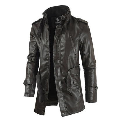 Mens Mid-Length Leather Coat Stand Collar Fleece-Lined Thickened Extended Warmth