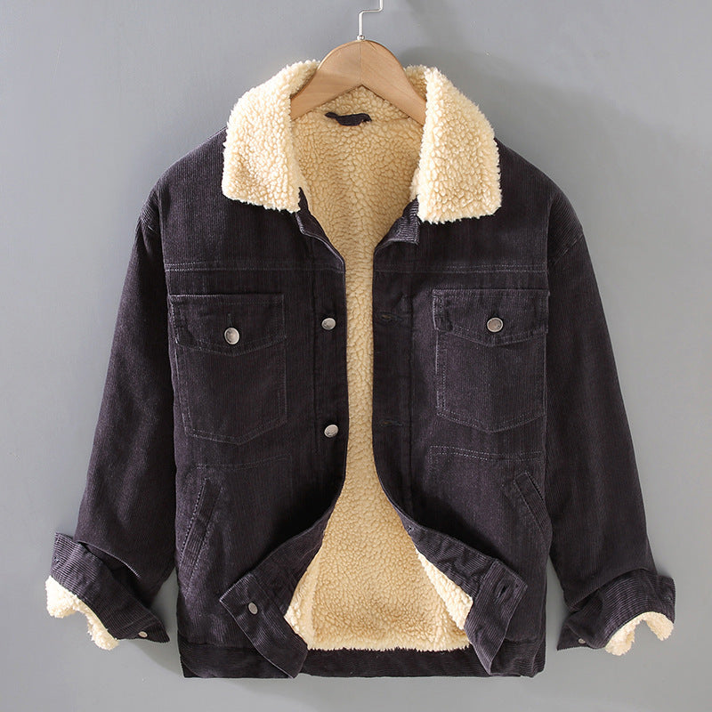 Mens Corduroy Workwear American Retro Lapels Jacket Heavy Imitation Lamb Wool Thickened Cotton-Padded Heritage Labor