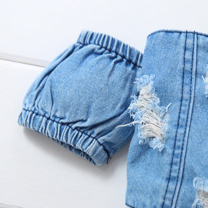 Girls' Denim Ripped Top Shorts Suit