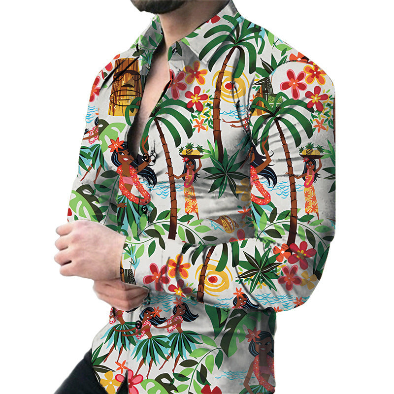Bold Large Floral Print Casual Long Sleeve Shirt