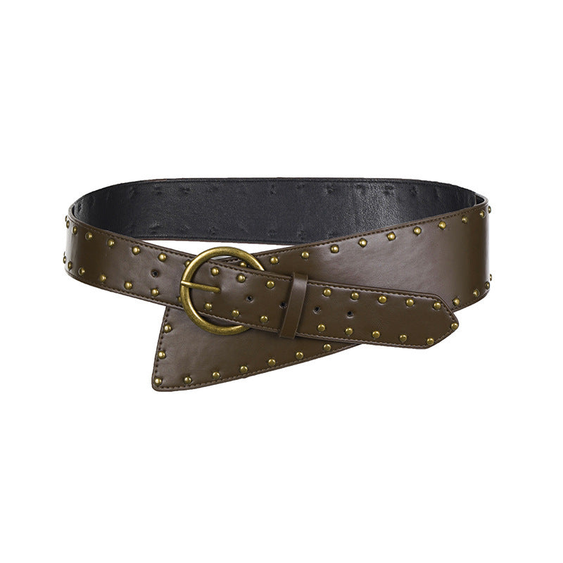 Retro Brown Base Rivet Metal Ring Buckle Personality Belt Punk