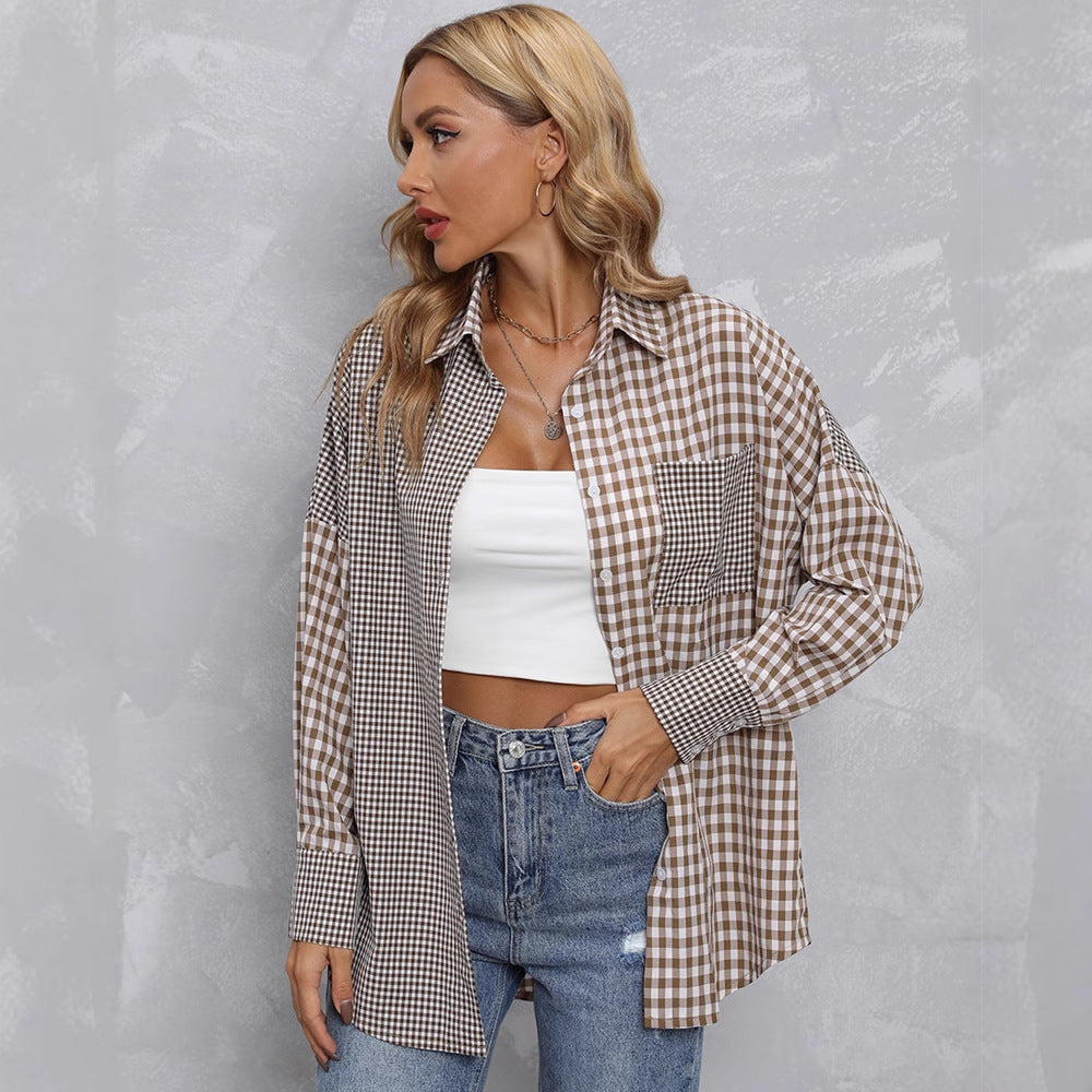 Lapel Plaid Colorblock Loose Casual Shirt