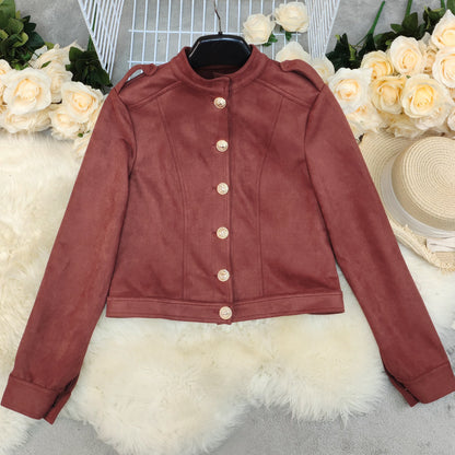 Women's Fashion Retro Long Sleeve Short Suede Jacket