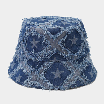Autumn New Five-pointed Star Raw Edge Denim Bucket Hat