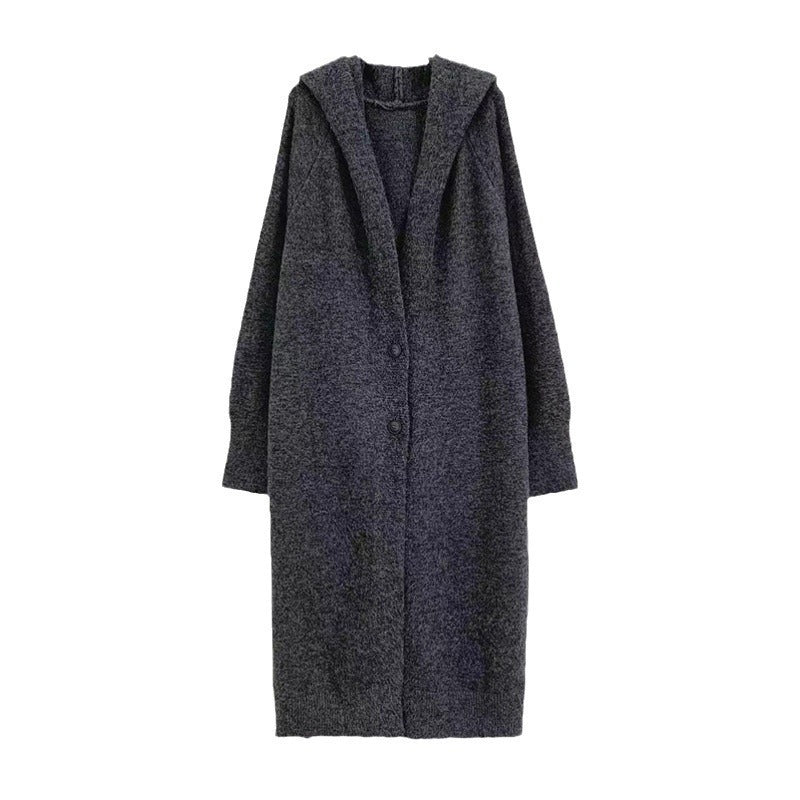 Korean Style Idle Style Hooded Long Below The Knee Knitted Cardigan For Women