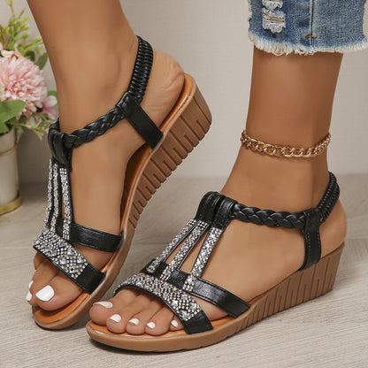 Plus Size Bohemian Elastic Strap Rhinestone Sandals For Women