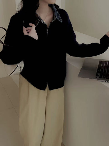 False Two-piece High Quality Denim Patchwork Knitted Sweater