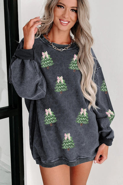 Round Neck Sequins Christmas Tree Rib Sweater For Women