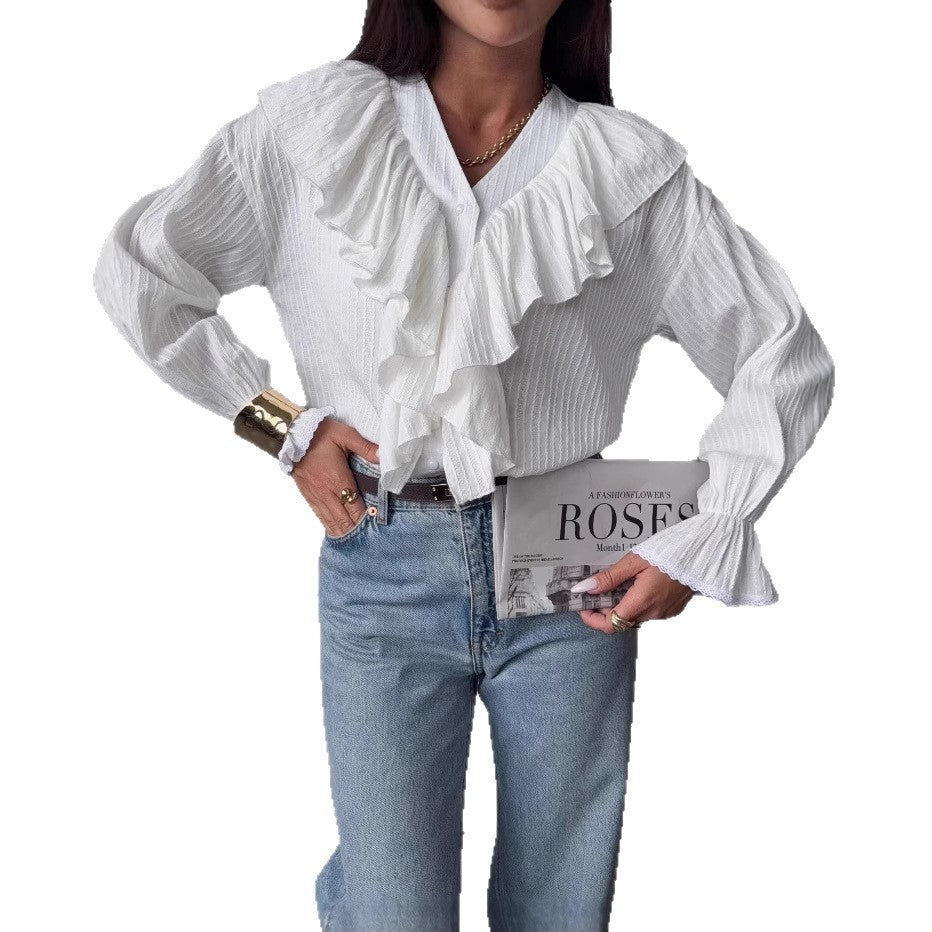 Polyester Women's V-neck Flounce Long Sleeve Shirt