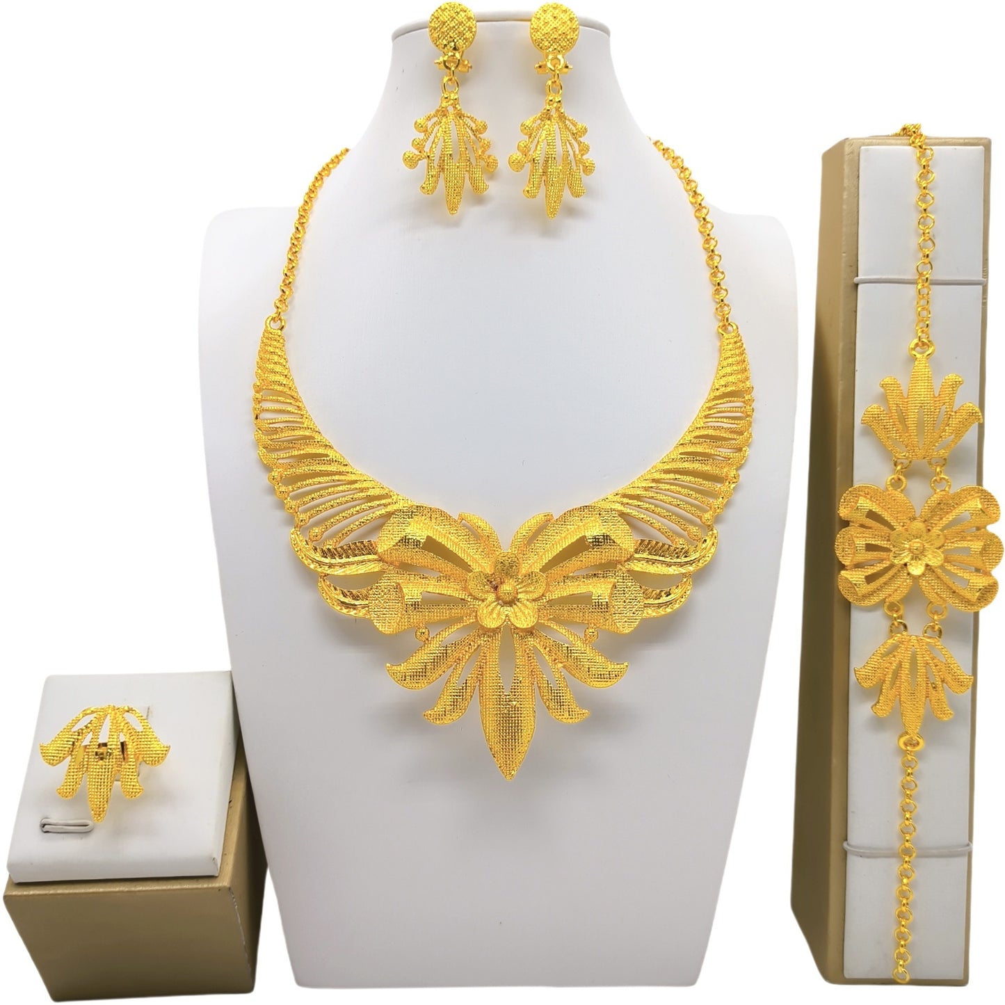 24K Gold Jewelry Suit Necklace Bracelet Earrings Four-piece Ring Set