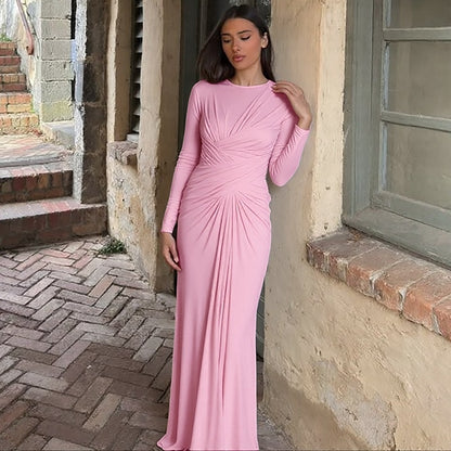 Fashion Temperament Slim Cross Round-neck Long-sleeved Dress