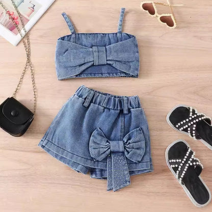 Girls' Retro Denim Bow Tube Top Shorts Suit