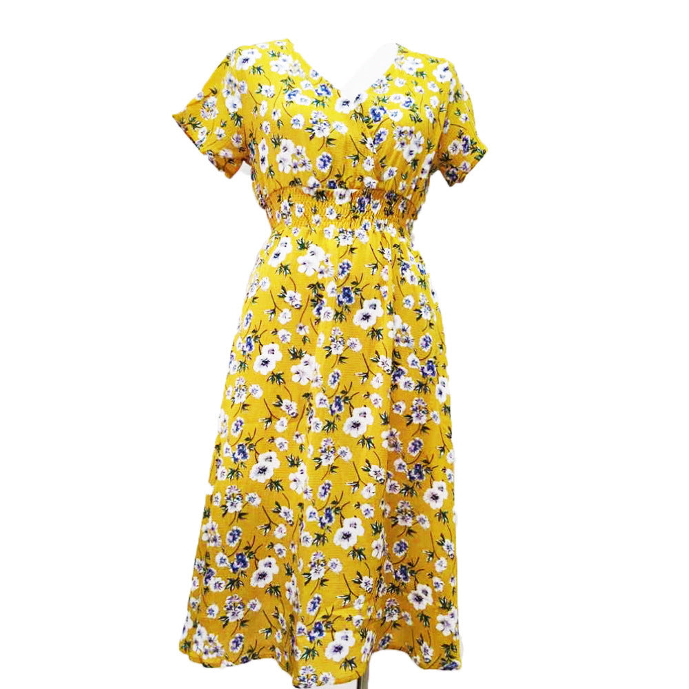 Ladies Printed V-Neck Short Sleeve Dress