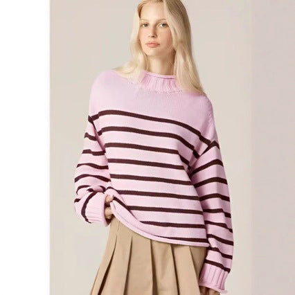 Stripe Warm Knitted Pullover Elegant Round Neck Long Sleeve Loose Sweater