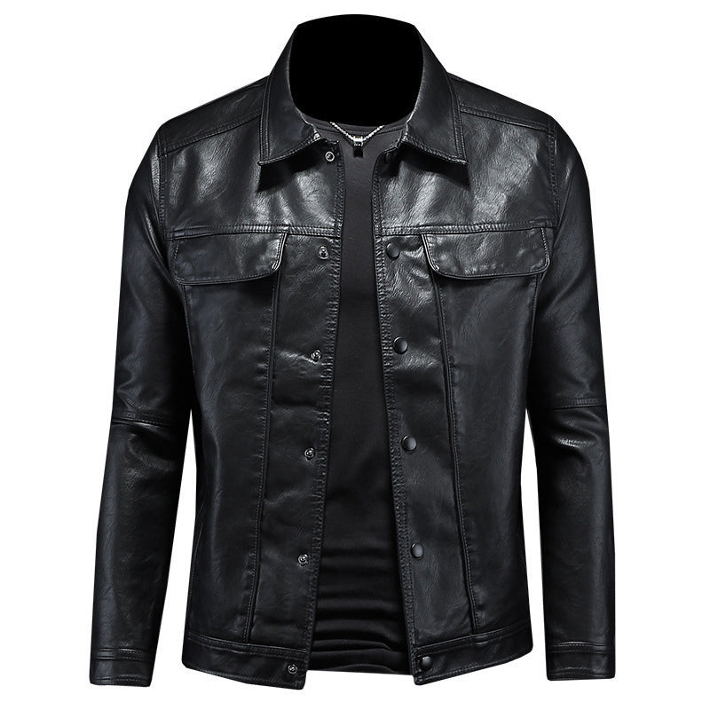 Mens Long-Sleeved Lapel Motorcycle PU Handsome Leather Coat Refined Rider