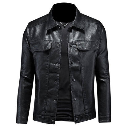 Mens Long-Sleeved Lapel Motorcycle PU Handsome Leather Coat Refined Rider