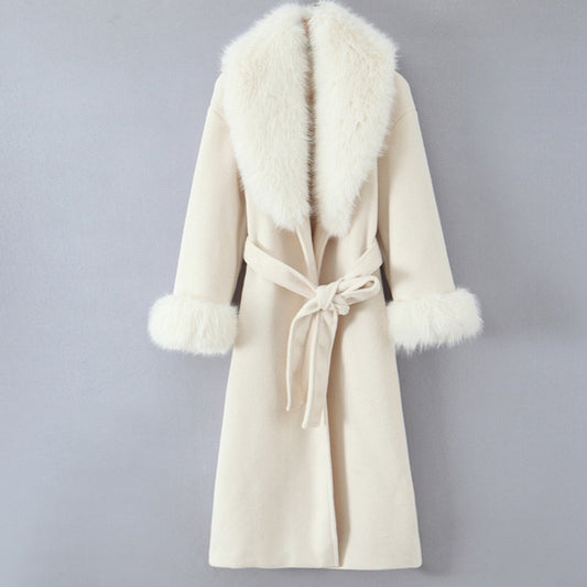 Women's Clothing Big Fur Collar Belt White Woolen Long-cut Coat