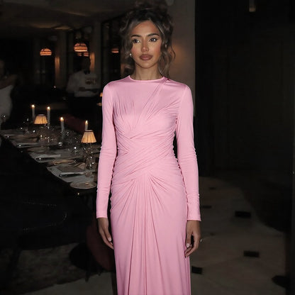 Fashion Temperament Slim Cross Round-neck Long-sleeved Dress