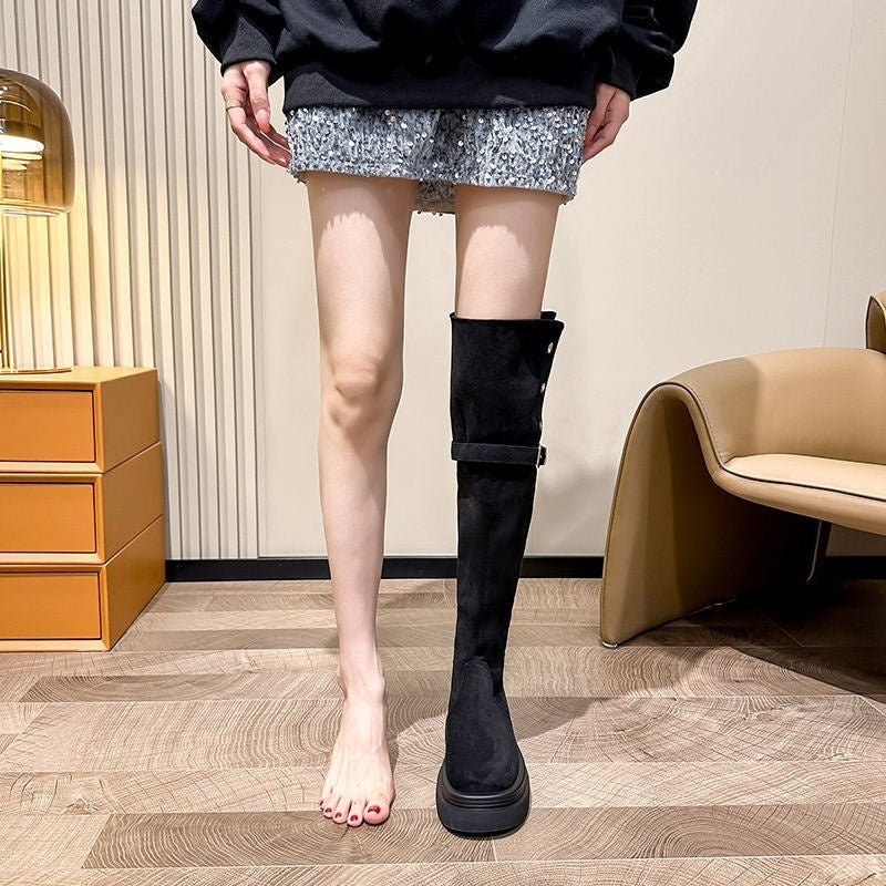 Over-the-knee Folding Long Tube Two-way Wear Boots With Chunky Heels Women's Thick Bottom
