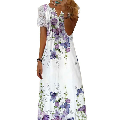 Printed Lace Sleeve Short Sleeve Dress