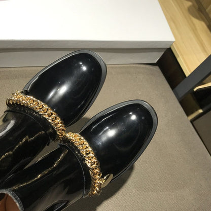 Round toe personality metal chain flat mid-heel women's boots
