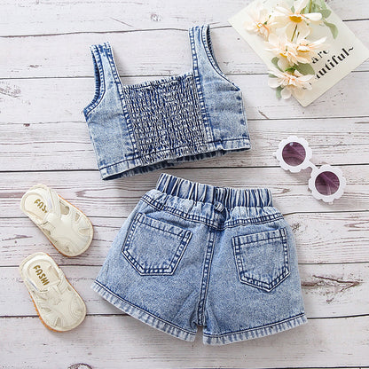 Girls' Denim Camisole Watermelon Shorts Suit