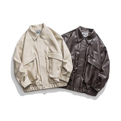 American Retro Street Trend Lapel PU Leather Jacket for Men Cultural Icon